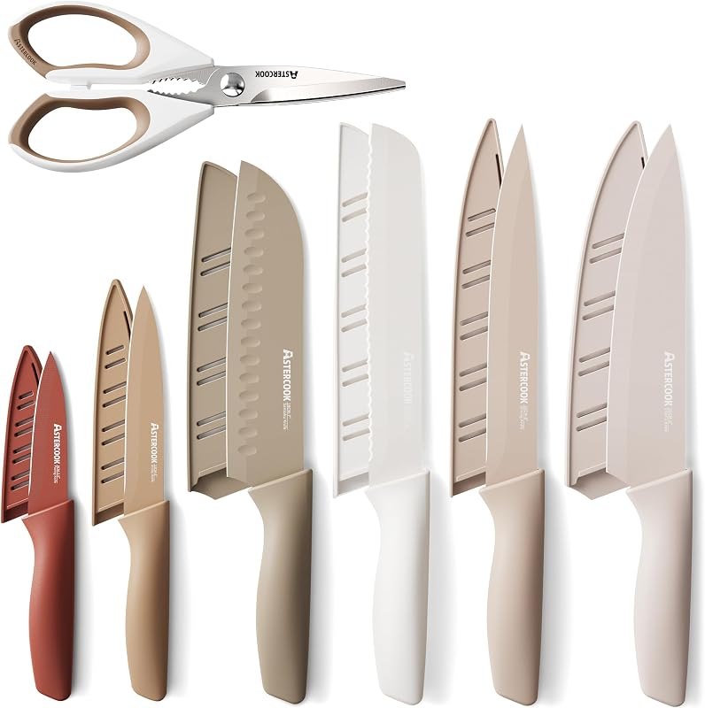 Astercook Knife Set, 13 Pieces Kitchen Knives Set with Healthy Anti-Rust Coating, Dishwasher Safe, Stainless Steel