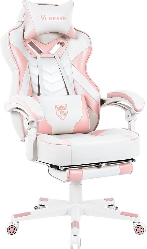 Vonesse Pink Gaming Chair, Big and Tall Gaming Chair with Footrest and Massage, Gaming Chairs for Adults with Lumbar