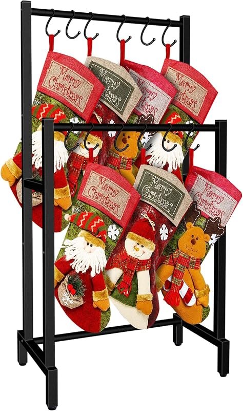 LUBORN Christmas Stocking Holder Stand for Floor, 2 Tier Christmas Stocking Hanger Rack with 12 Hooks, Iron Metal