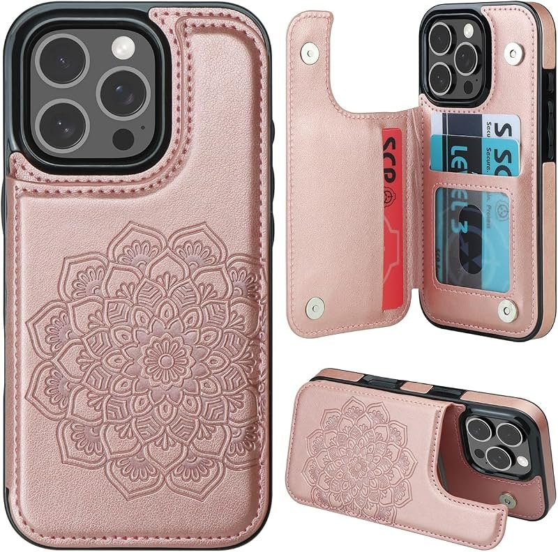MMHUO for iPhone 16 Pro Case with Card Holder,Flower Magnetic Buttons Protective Wallet Case for Women for iPhone 16
