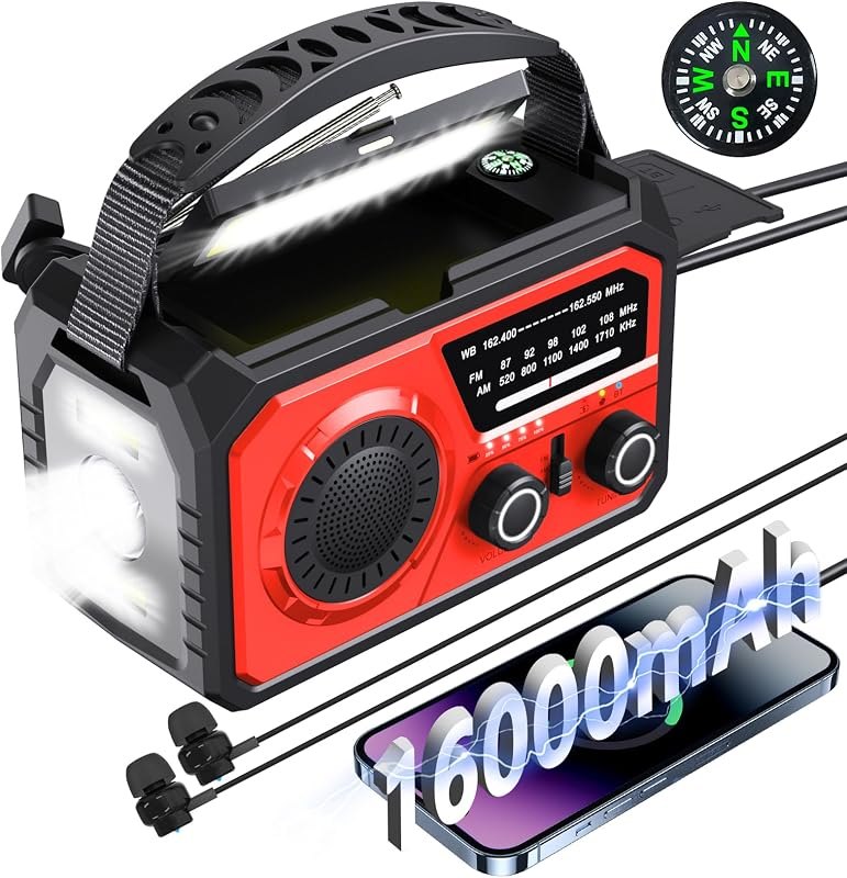 16000mAh Emergency Weather Radio, NOAA/AM/FM Solar Hand Crank Radio — Alarms, blankets, and emergency radi for alarms