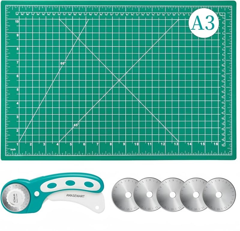 45mm Rotary Cutter and Mat Set, Fabric Cutter Wheel and 12x18 Inch Self Healing Sewing Cutting Mat, Fabric Rotary