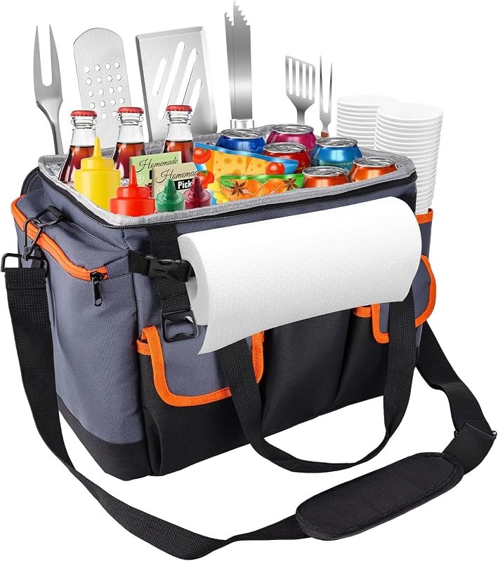 Large BBQ Grill Caddy with Paper Towel Holder, Foldable Insulated Picnic Organizer Bag for Outdoor Grilling