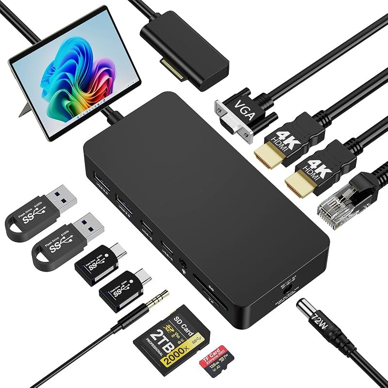 Quanlex Dual HDMI+VGA Dock Works Devices - 12-in-1 Triple Display Docking Station for Pro (12/11/10/9/8/X/7/6/5/4)
