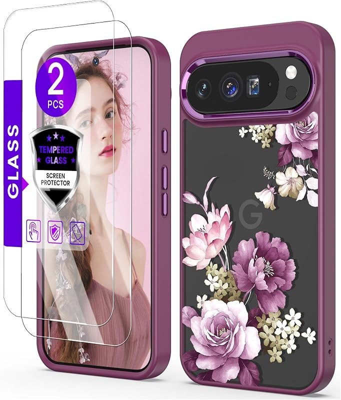 Crystal Clear Flower Phone Case for Google Pixel 9/9 Pro-Purple — rugged case for google pixel case