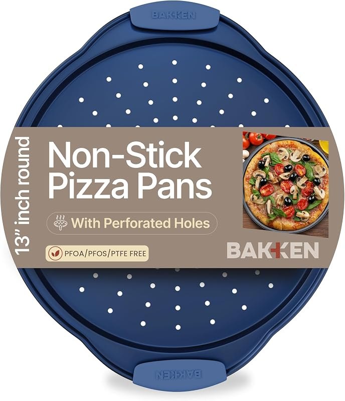Bakken Pizza Baking Pan - Round Perforated Carbon Steel Pan with Non-Stick Marble Coating, Oversized Silicone Handle
