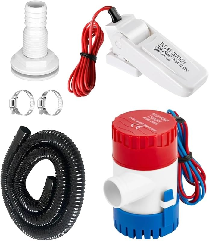 1100GPH Bilge Pump with Float Switch & 1-1/8 Inch Hose Kit - High-Flow, Fully Submersible Pump, Automatic On/Off
