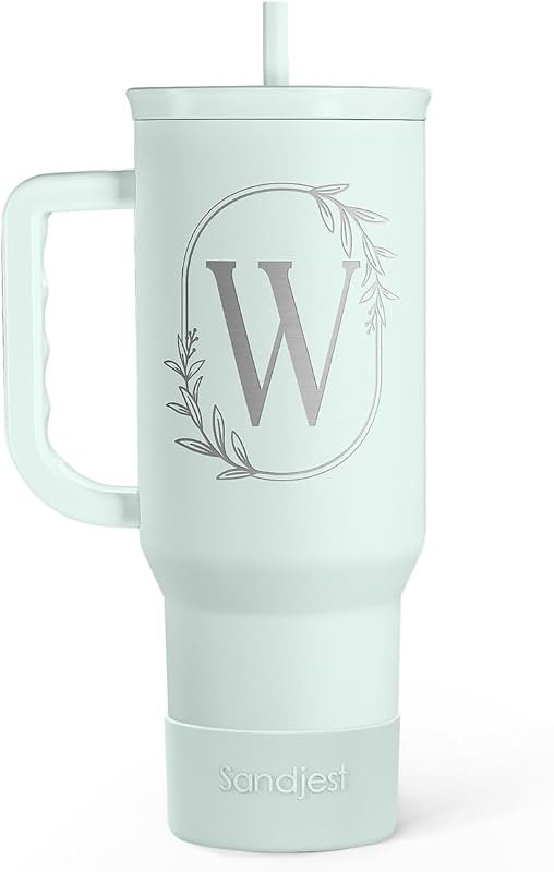 Personalized Monogrammed Tumbler with Handle 40oz, Letter W Tumblers Insulated Coffee Travel Cup, Custom Initial Gift