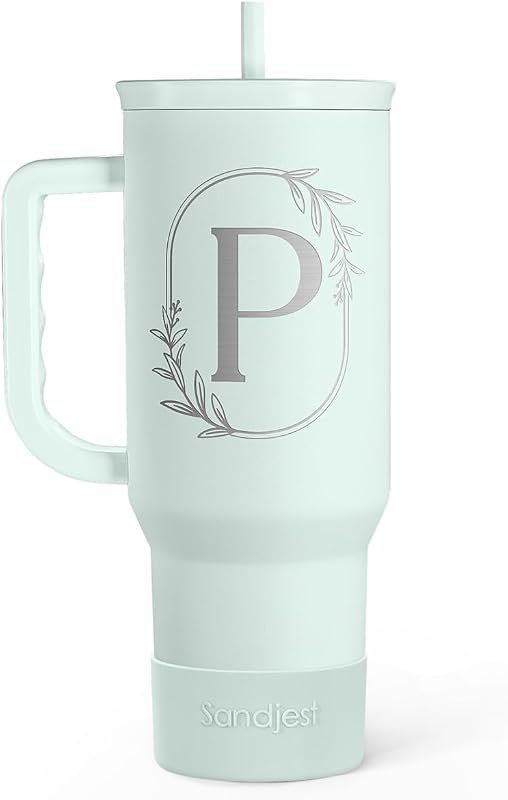 Personalized Monogrammed Tumbler with Handle 40oz, Letter P Tumblers Insulated Coffee Travel Cup, Custom Initial Gift