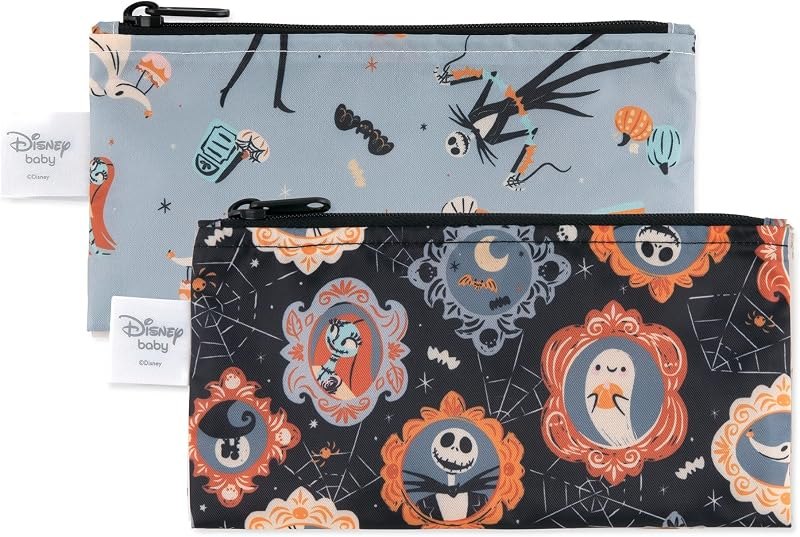 Disney Reusable Snack Bags, for Kids School Lunch and for Adults Portion, Washable Fabric, Waterproof Cloth Zip Bag