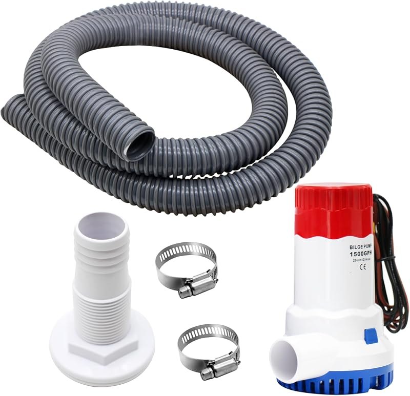 1500 GPH Bilge Pump For Boats 12v, And A 1-1/8 Inch Pump Plumbing Kit, Including 1pcs Hose, 2pc Hose Clamps and 1pc