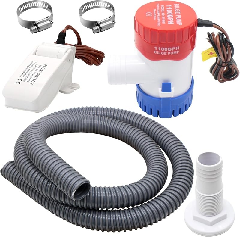Bilge Pump Kit For Boats 12v, 1100 GPH Non-Automatic Pump Float Switch 12v 24 V 32 V with 1-1/8 Inch Plumbing Kit