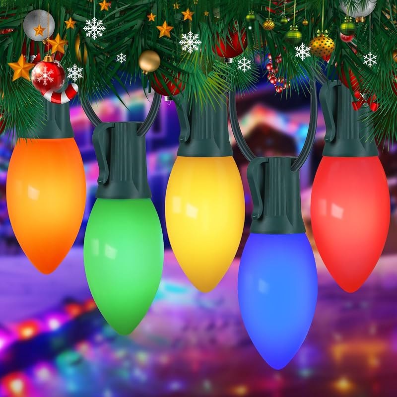 Vintage C9 Multicolor Outdoor Christmas Lights, 50FT 50LED Commercial Christmas String Lights Waterproof, C9 Xmas