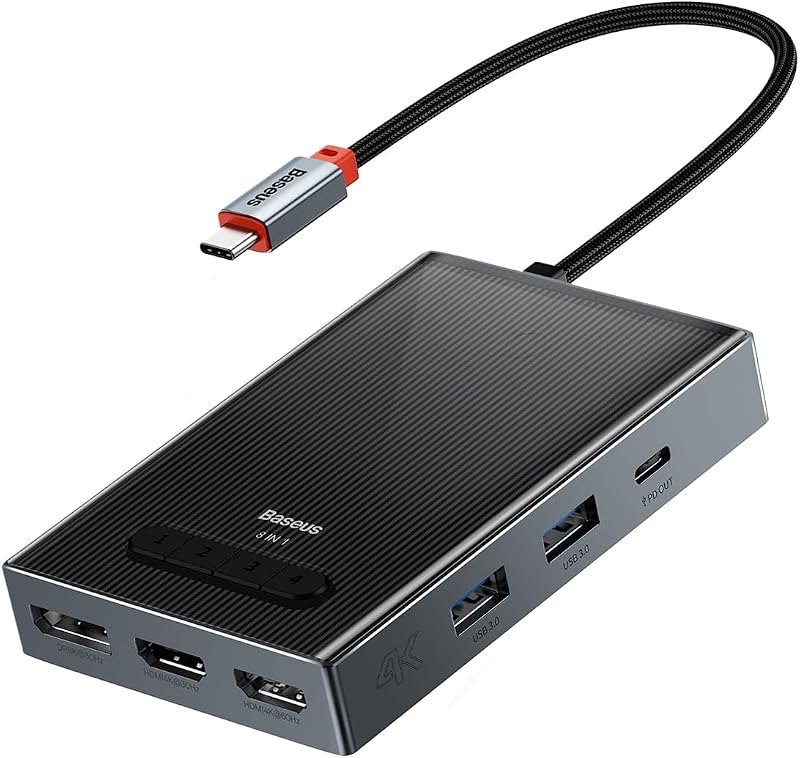 Baseus Docking Station, Quadruple Display 8K@30Hz DisplayPort & 4k HDMI, VGA, USB A 3.0 Ports, USB C 20W Output, 100W