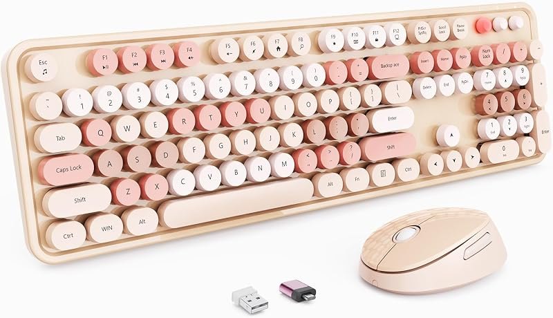 Wireless Keyboard and Mouse, Full-Size Typewriter Keyboard with Retro Round Keycaps, Ergonomic Design, Compatible with