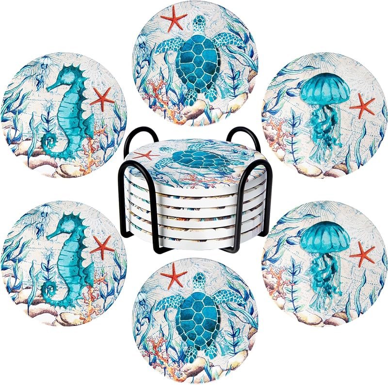 Coasters for Drinks with Holder Set of 6 Ceramic Absorbing Stone Sea Ocean Life Cork Base Coastal Decor Beach Theme