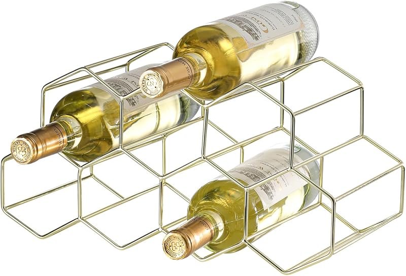 Countertop Wine Rack - 9 Bottle Freestanding Modern Gold Metal Small - 2 Tier Tabletop Wine Holder Stand for Cabinet