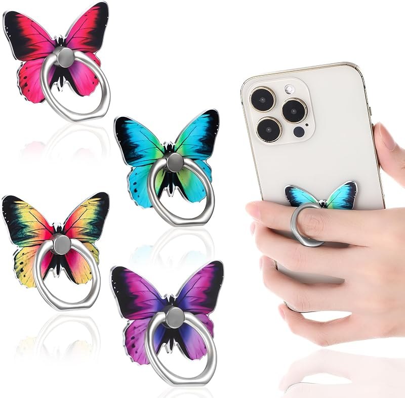 Tyqour 4pcs Cute Butterfly Ring for Phone Case Butterfly Cell Phone Ring Holder Kawaii Metal Phone Finger Holder
