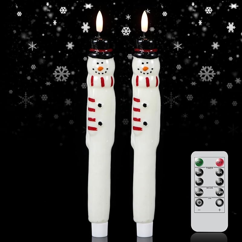 Christmas Snowman Flameless Taper Candles Battery Operated Remote Timer — snow desk holder for snow desk holder