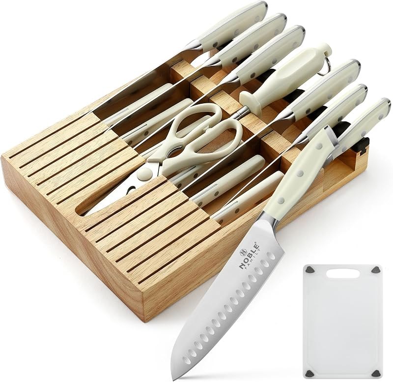 N NOBLE FAMILY In-drawer Knife Block Set, 16PCS Kitchen Knife Set with Wooden Block, Chopping Knives Set, Stainless