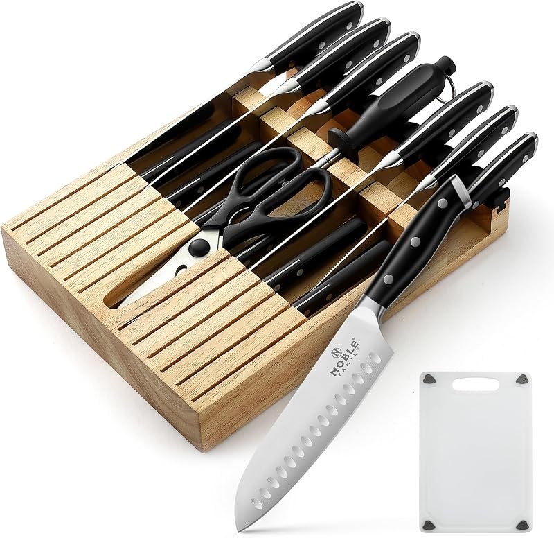 Knife Set with Block, N NOBLE FAMILY 16Pcs Kitchen Knives Drawer Organizer Set with Sharpener, Cutting Board