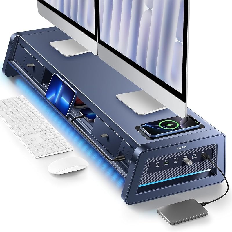 Vaydeer All-in-One Dual Monitor Stand Riser with 2 Drawers, 8USB Ports and Wireless Charging Pad with LED Light Strip