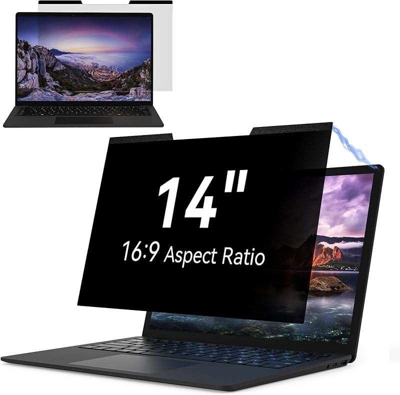 Magnetic Laptop Privacy Screen 14 Inch for 16:9 Computer Monitor, Removable 14” Anti Glare Protector Blue Light Filter