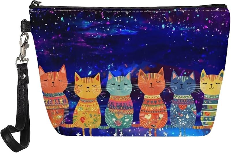 Womens Cosmetic Bag Cartoon Cat Starry Sky Print Makeup Bag Portable Wallet Coin Purse Small Handbag Toiletry Bag —