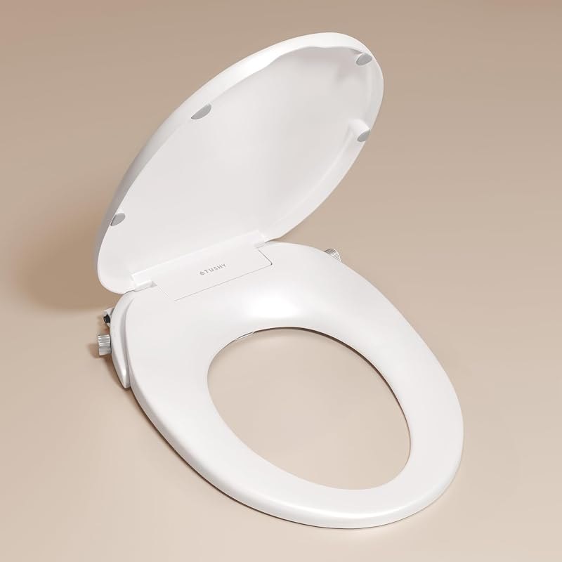 TUSHY Oasis Non-Electric Warm Water Bidet Seat, Elongated, Platinum Knob — non-electric bidet for non electric bidet