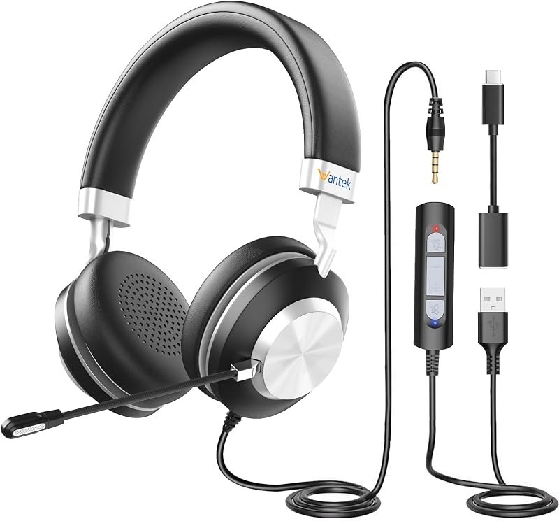 USB Headset with Microphone for PC, On-Ear Computer Laptop Headphones with Noise Cancelling Mic, Mute, Volume Control