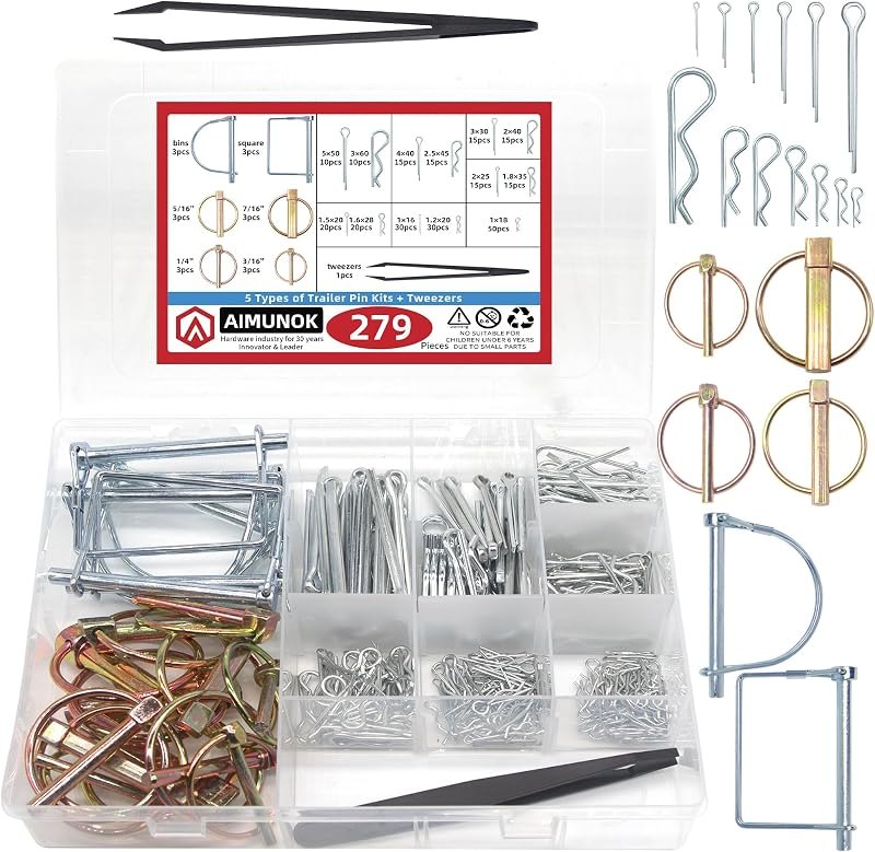 AMUNOK 279Pcs Heavy Duty Carbon Steel Pin Assortment, Hitch Lock & R-Clip — Hitch pins, PTO, fence, and tractor for