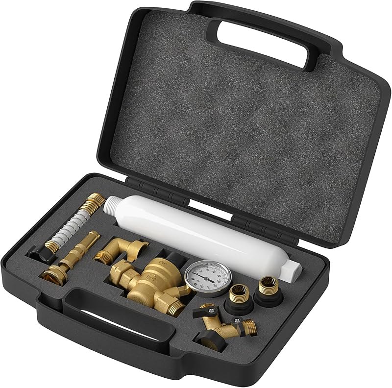 KORVOS All in One Fresh Water Kit, RV Water Pressure Regulator, Inline Water Filter, Hose Splitter, Brass Elbow