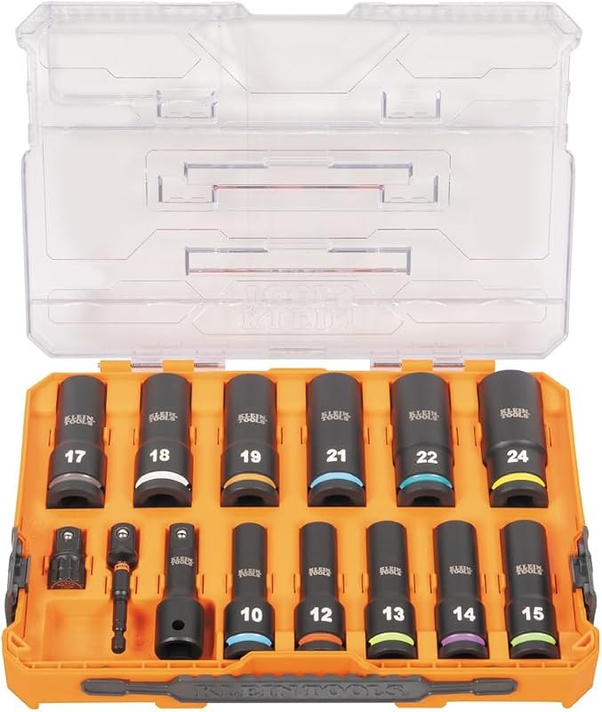 Klein Tools 65111IMPCTM KNECT Deep Well Impact Socket Set, 1/2-Inch Drive, Metric, Color Coded, MODbox Case, Impact