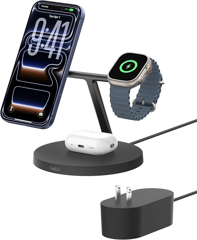Belkin Qi2 15W Wireless Charging Station, 3 in 1 iPhone Charger — Cases, chargers, MagSafe, earbuds, a for cases