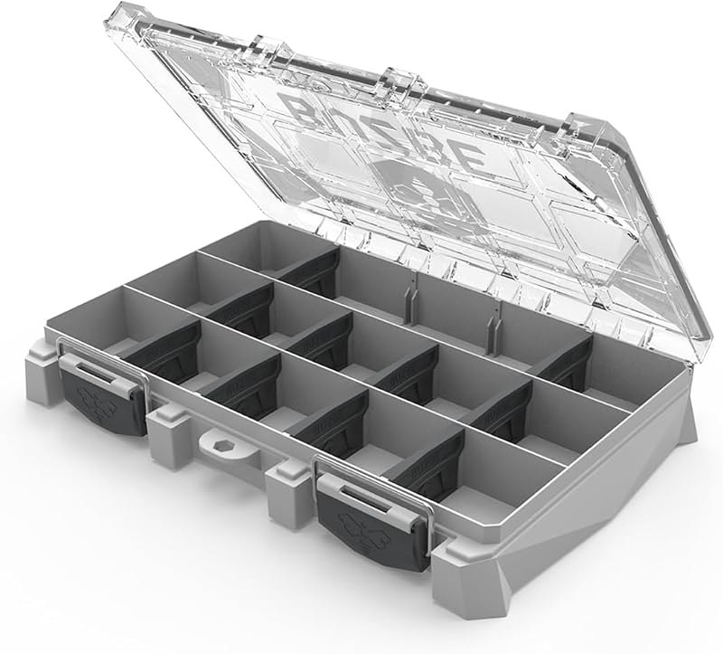 BUZBE Basic 15T (Thin) Utility Box, Waterproof Tackle Box, 3600 Fishing Tackle Tray, Plastic Organizer with Dividers —