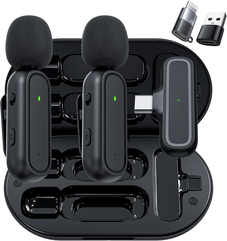 2 Pack Wireless Lavalier Microphone for Android iPhone iPad with Adapter Included Noise Reduction Plug-Play Clip on