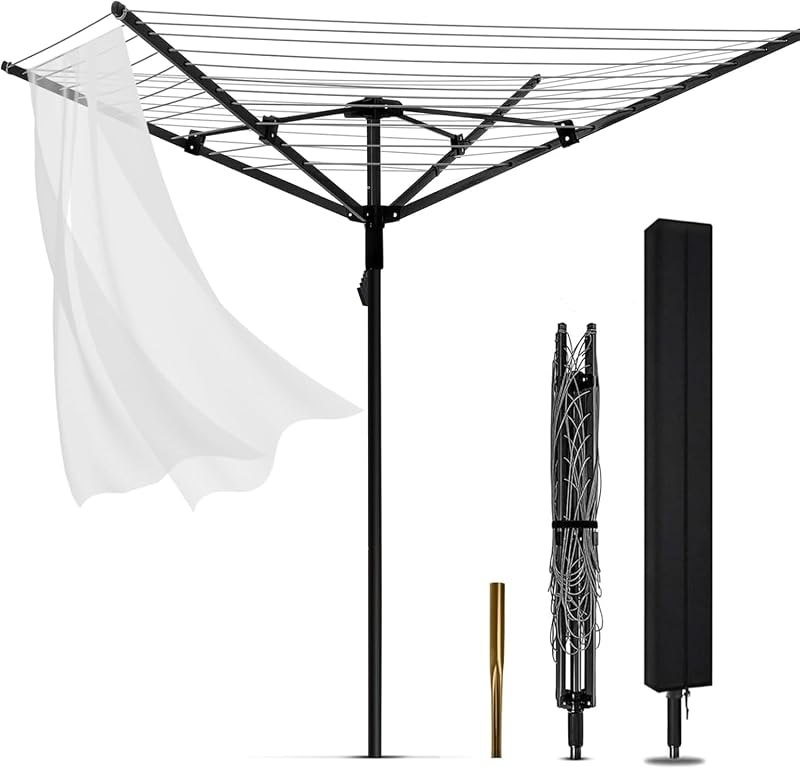 Heavy Duty Outdoor Umbrella Drying Rack, 12 Lines with 165 Feet Drying Space, Steel Frame & Adjustable Height, 4-arm