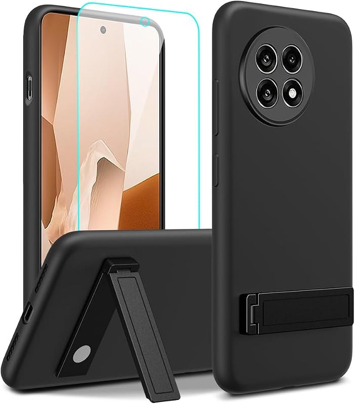 Compatible for OnePlus 13R 5G Phone Case with Glass Screen Protector, [3 Stand Ways] Metal Kickstand/Stand Silicone