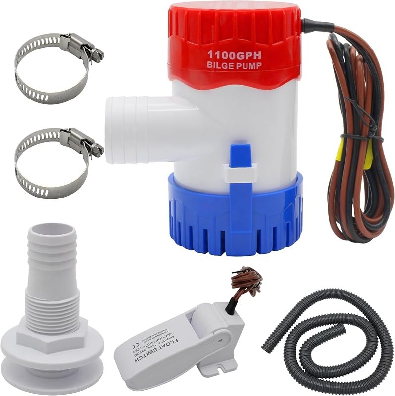 Island Otter Beach 1100 GPH Bilge Pump 12V,Small Size, With Float Switch,1-1/8 Inch Bilge Pump Hose 6FT, 2PCS