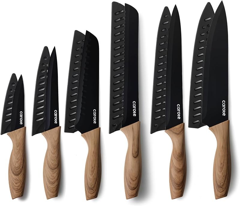 CAROTE 12-Piece Knife Set, Knives with Wood-Grain Finish Handles, Black — Pans, knives, coffee gear, and kitch for