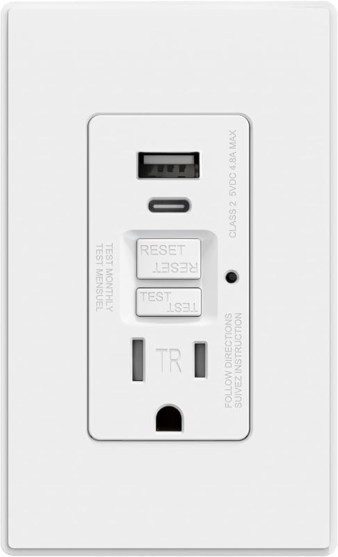 AIDA 15 Amp GFCI Outlet with USB Ports (USB-C & USB-A), Self-Test Tamper Resistant GFCI USB Outlet, 24W Max Output