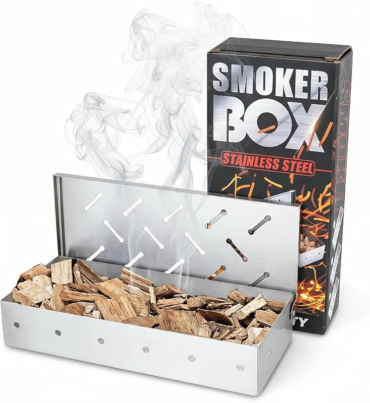 Smoker Box for Gas Grill,Wood Chip Stainless Steel Pellet Smoke Box for All Grills Oven,Hinged Lid, Heavy Duty BBQ