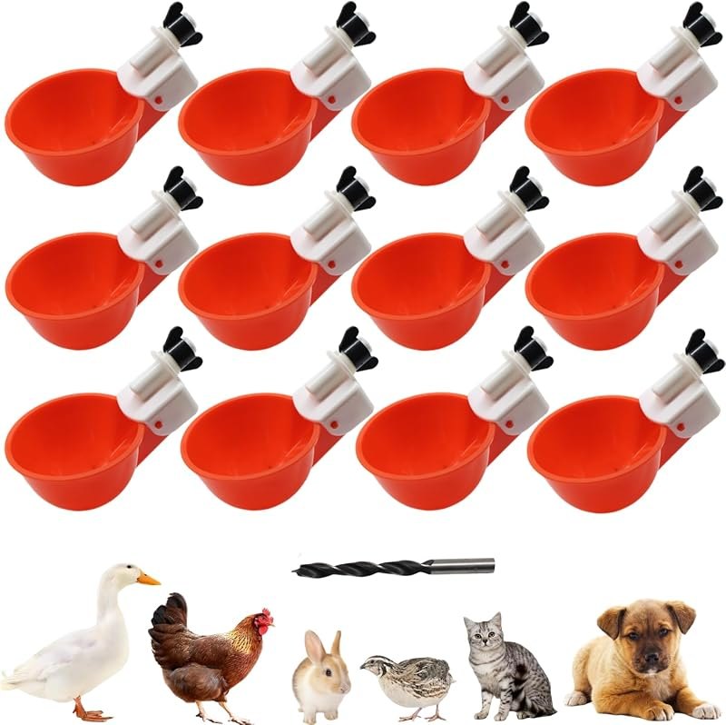 Chicken Waterer Cups, 12 Packs Poultry Water Feeder with Drill, Large Poultry Waterer Automatic Waterer for Chicken