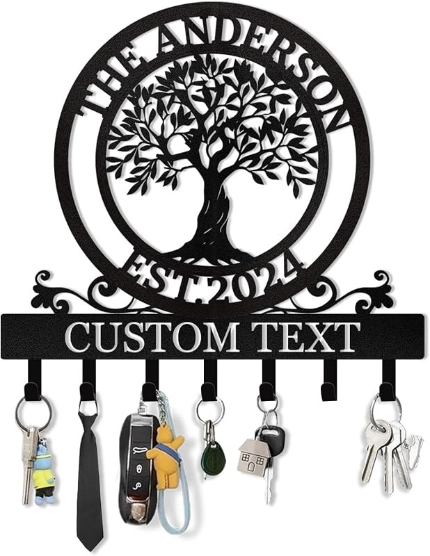 KAINSY Personalized Metal Key Holder Tree of Life - Custom Name, Key Hooks, Coat Rack, Key Hanger for Wall, Home