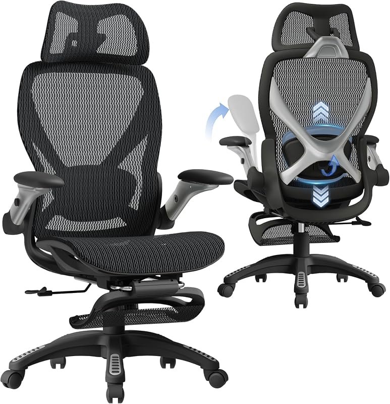 ELABEST X100 Ergonomic Mesh Office Chair with Footrest, Big and Tall Hone Desk Chair with 5D Flip-Up Arms, Adjustable