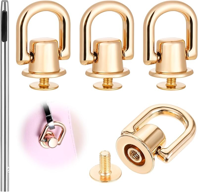 4pcs D Rings for Purse, 360 Degree Rotatable D Rings with 4 Leather Rivets and 1 Punch Tool for Leather Crafting