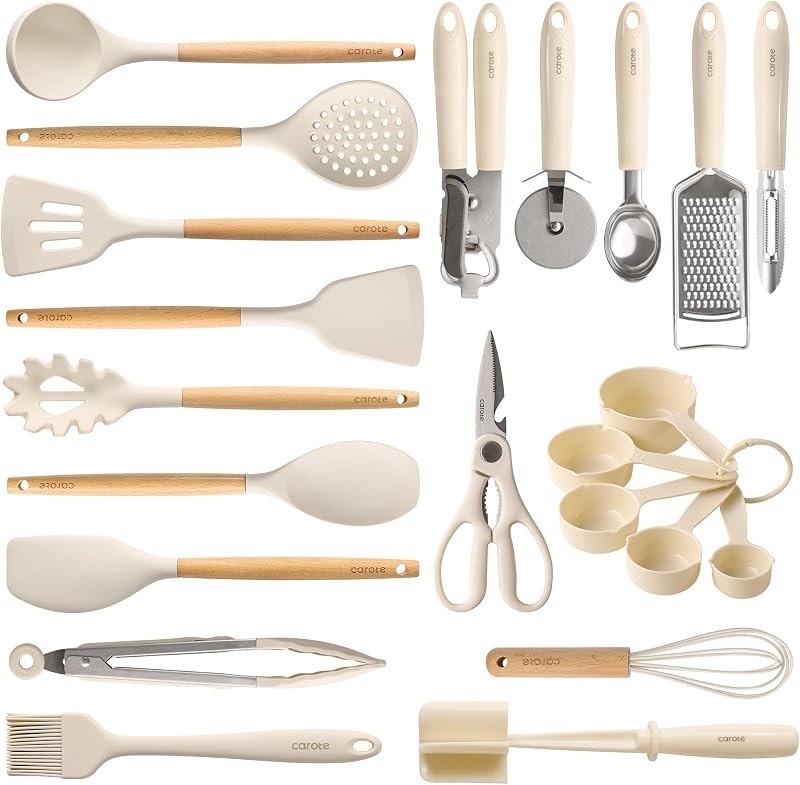 CAROTE 22-Piece Cooking Utensils Set with Wood Cool-Touch Handles, Cream — Pans, knives, coffee gear, and kitch for
