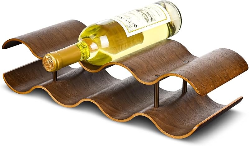Countertop Wine Rack - 7 Bottle Freestanding Wine Bottle Holder Stand - 2 Tier Wooden Wine Storage Rack - Walnut Wavy