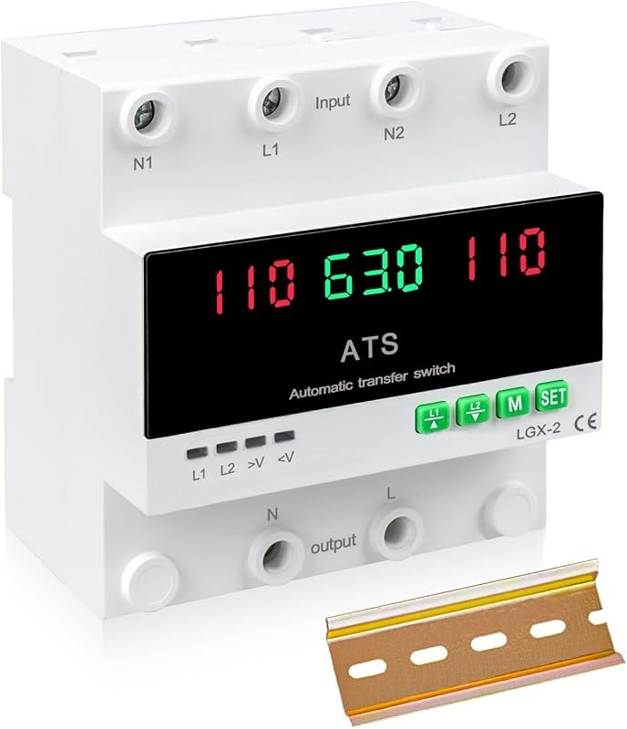 63A 110V Automatic/Manual Transfer Switch, DIN Rail Mount 110V for Generator Backup Power & Gas Furnace, 50/60Hz, LED