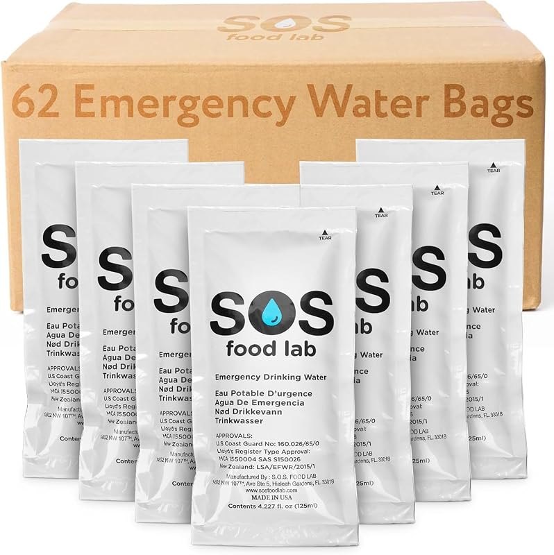 SOS Food Lab Emergency Water Pouches - 2 Gallons (62 Count, 4.2 Fl Oz Each) - Triple Purified, UV Sterilized Filtered